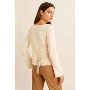 New Elie Tahari Jazma Merino Wool Lace Up Sweater Knit Small Antique Cream